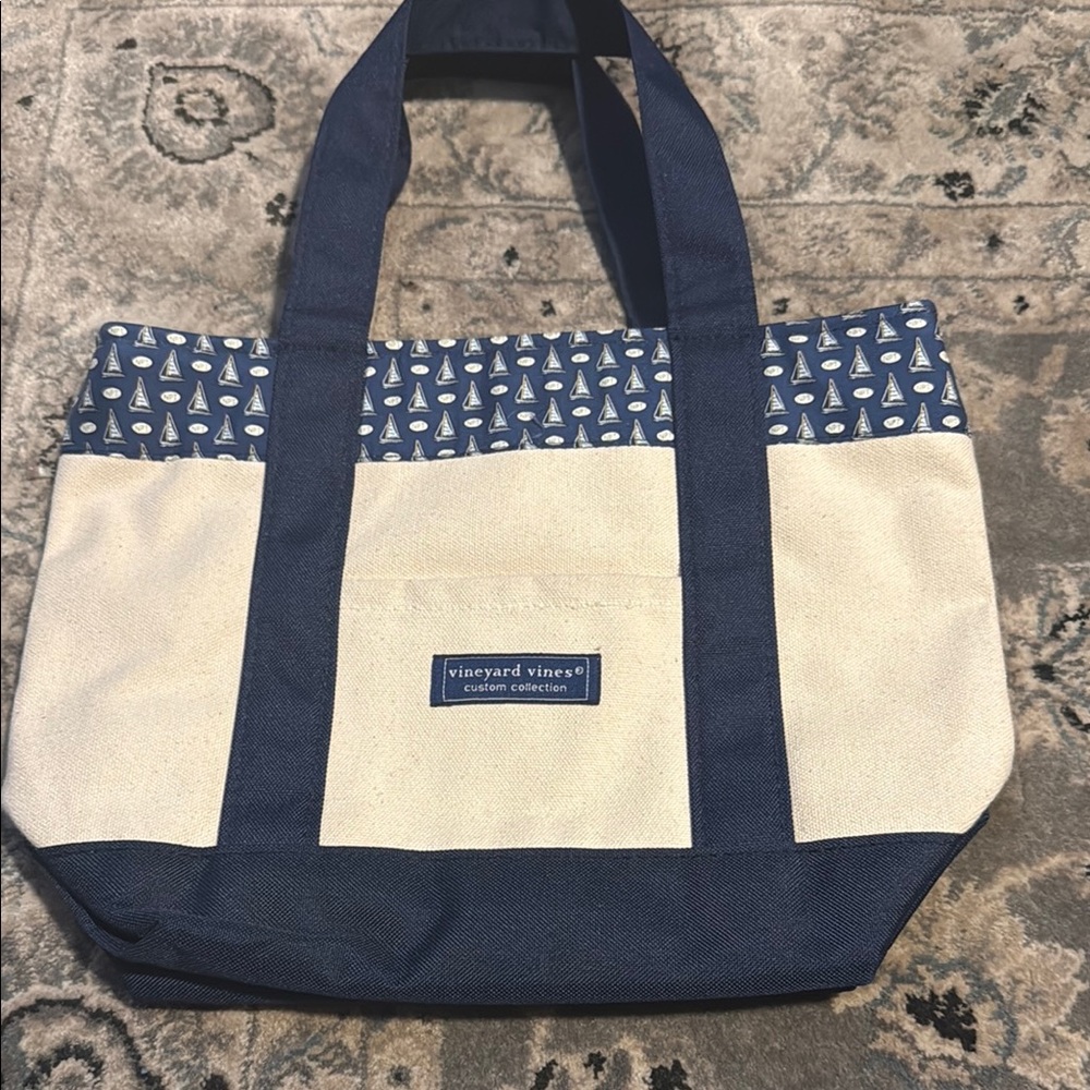 Vineyard Vines Navy and Cream Sailboat Print Canvas Tote